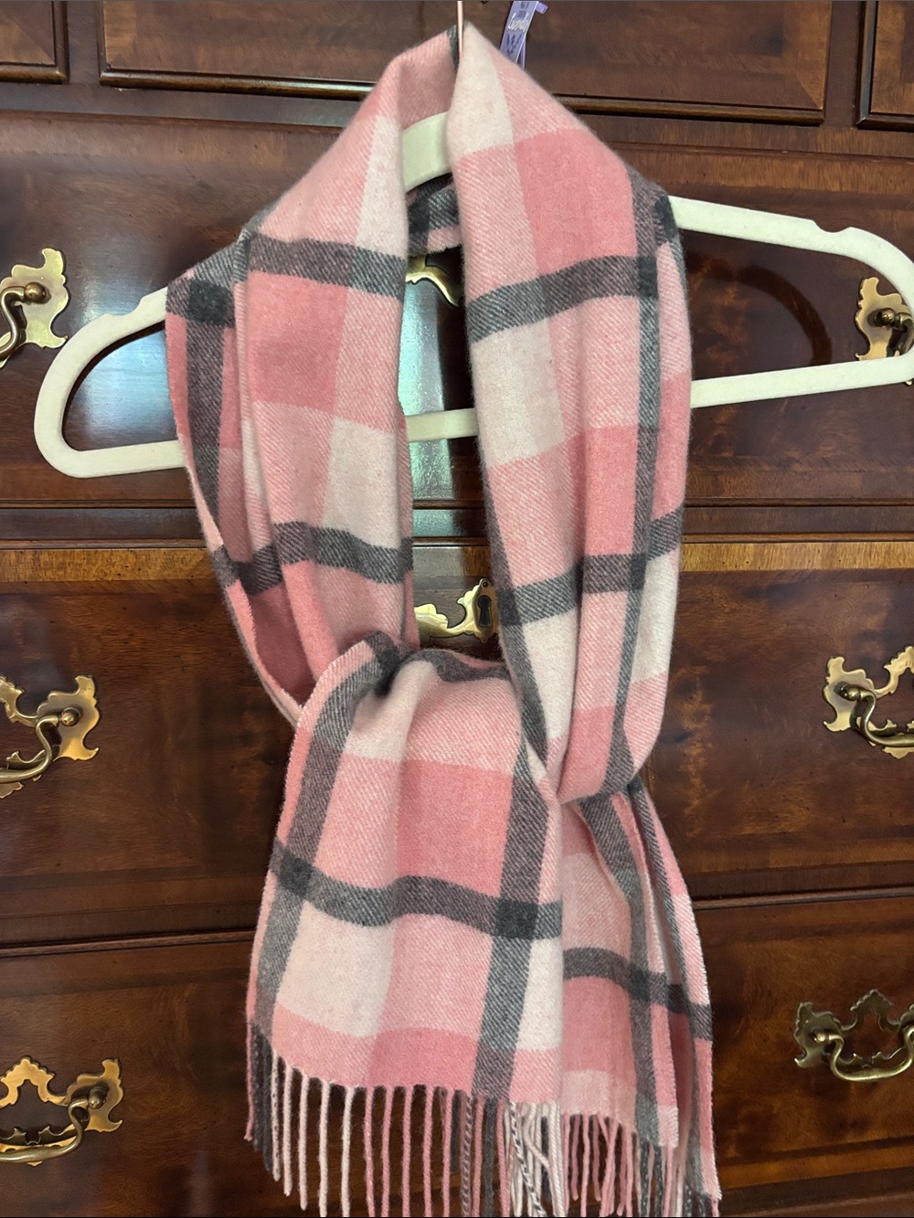 Phenix, 100% Cashmere Classic Pink Plaid Fringe Scarf